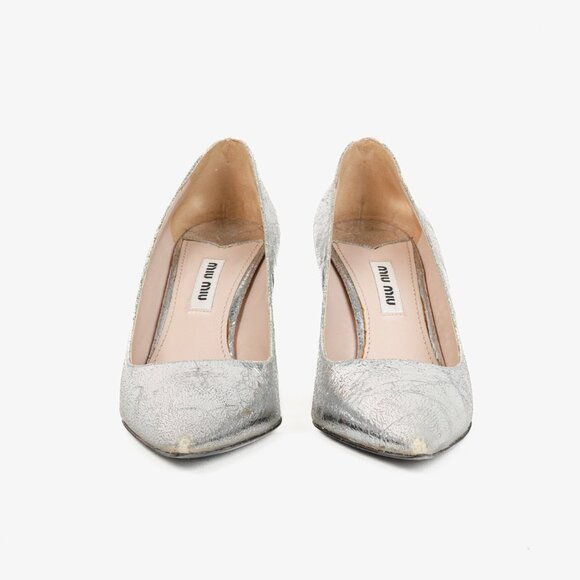Miu Miu Silver Specchio Crackle Foil Metallic Heels - Picture 2 of 9